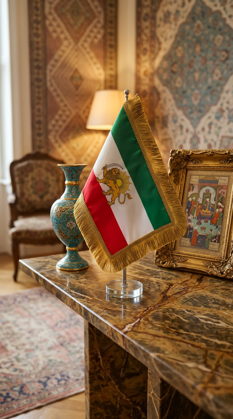 Persian Tabletop Flag - Premium Satin Desk Flag (Lion and Sun, Gold Embroidered, both sides)